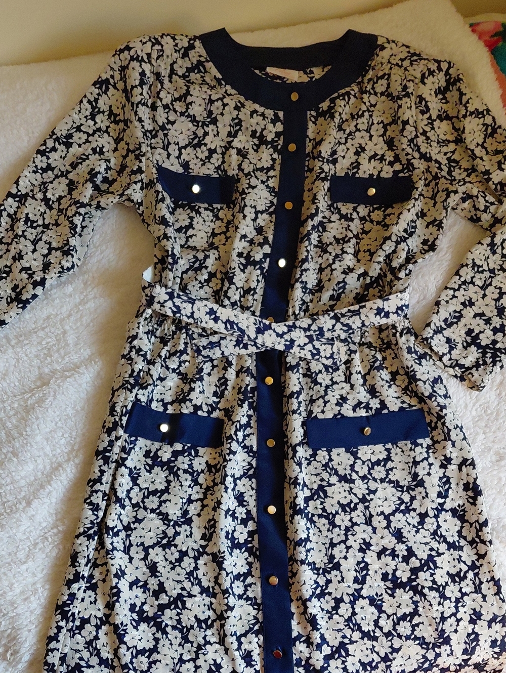Vintage Girls' Navy and Cream Floral Button-Front Dress